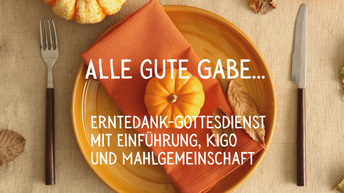 Ein festlich gedeckter Tisch mit Teller, Besteck, Serviette und Kürbissen, umgeben von Herbstblättern