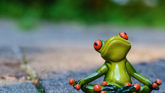 Eine grüne Fröschchenfigur sitzt im Lotussitz auf einem Stein.