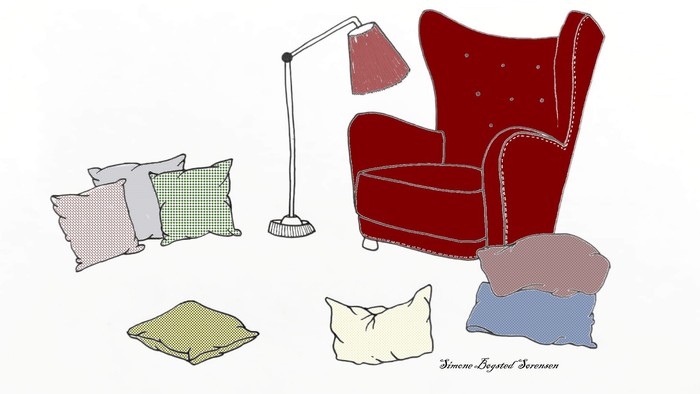 Illustret stueindretning med rød stueafstald og ulige kussiner