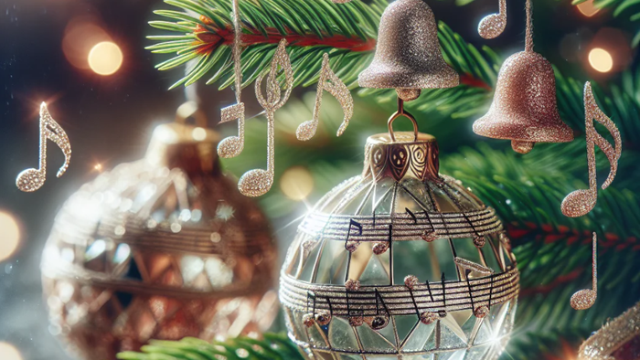 En juletree med glasboller og glitrende dekorationer