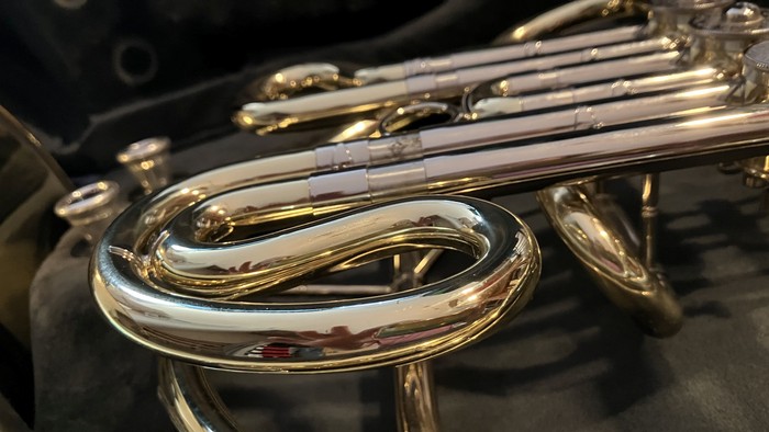 Ein poliertes Saxophon liegt auf einem dunklen Stoff.