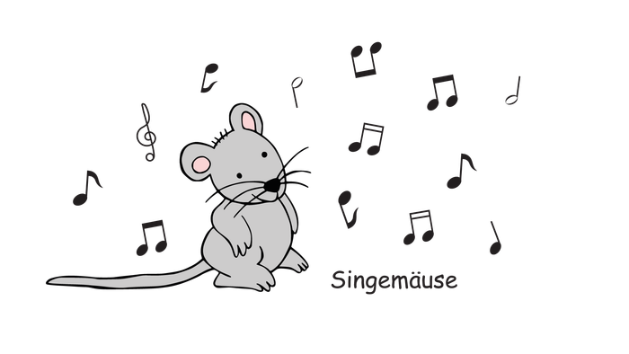 Eine singende Maus vor musikalischen Noten