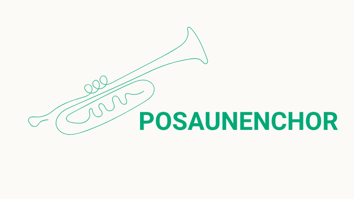 grüne Zeichnung einer Posaune und dem Wort „POSAUNENCHOR“ darunter.
