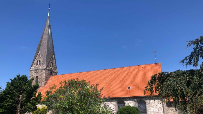 Kirchengebäude mit hohem Turm und rotem Dach, umgeben von Bäumen