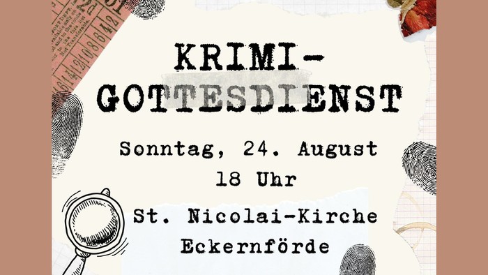 Plakat mit Lupe und Fingerabdrücken, Krimi-Gottesdienst, 24. August, 18 Uhr, St. Nicolai-Kirche