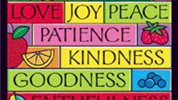 Colorful poster with fruit illustrations and words like love, joy, peace, patience, kindness, goodness, faithfulness, gentleness, and self-control.