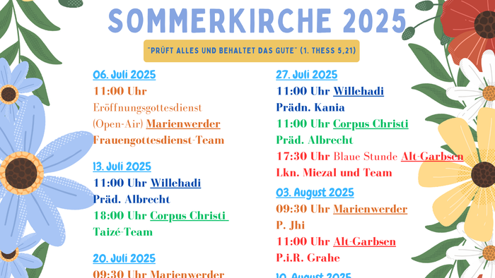 Sommerkirchen-Programm 2025 mit verschiedenen Gottesdiensten und Veranstaltungen