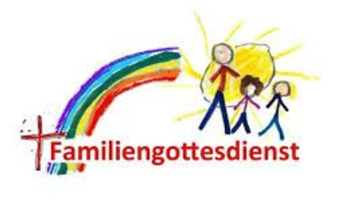 Ein Regenbogen mit einer Familie und einem Kreuz, darunter der Text "Familiengottesdienst".