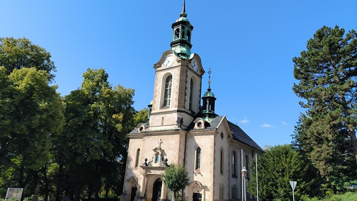 Kirchengebäude mit hohem Turm und grünem Dach im Park
