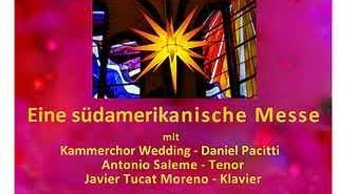 Plakat für eine südamerikanisch inspirierte Weihnachtsmesse mit Chor und Musikern in Berlin.