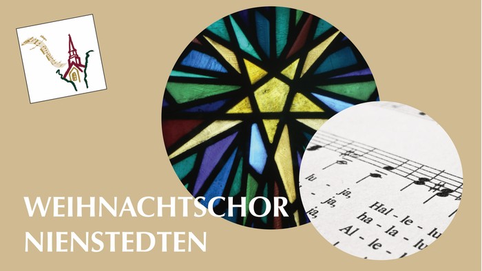 Weihnachtschor aus Nienstedten mit Notenblatt und Buntglas-Kunstillustration.