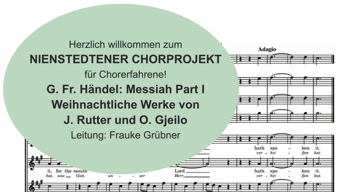 Willkommensankündigung für ein Weihnachtschorprojekt mit Händels „Messias“ und anderen festlichen Werken.
