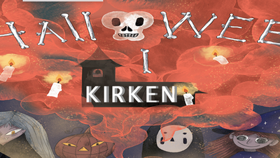 En skrikende Halloween-illustrasjon med skjelett, spøkelse og pumpkin.