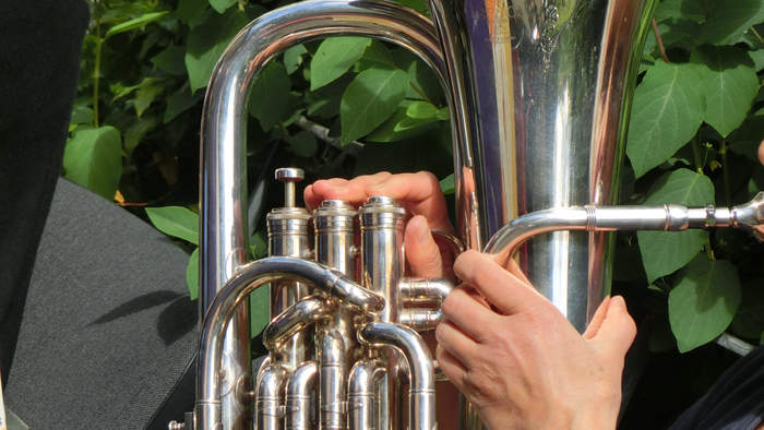 Person spielt eine Posaune im Freien