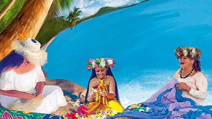 Drei Frauen in tropischer Umgebung, eine mit Blumenkranz