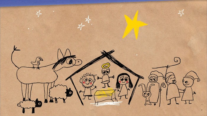 En skitserieret julehistorie med skitserede figurer og stjerner.