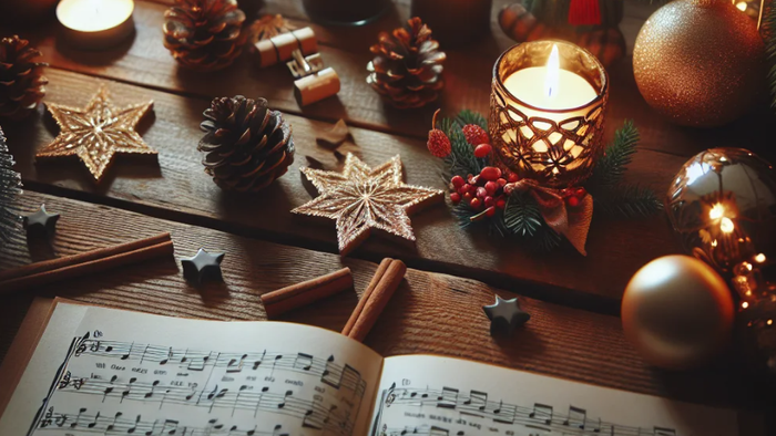 En juledekoreret bord med lysende lygter, firkantede stjerner og musiksheet.