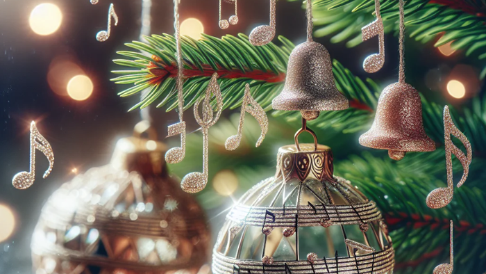 En juletree med glasboller og glitrende dekorationer