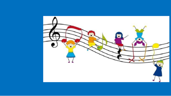 Kinder tanzen auf Notenlinien, begleitet von Musiknoten