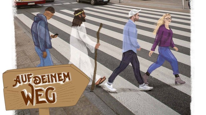 Eine Gruppe von Menschen überquert eine belebte Straße in der Stadt