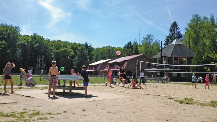 Ein Gruppe von Menschen spielt Volleyball auf einem Sandplatz, umgeben von Bäumen und einem Gebäude.