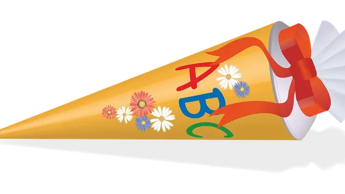 Ein gelber Konus mit bunten Blumen und den Buchstaben ABC, gebunden mit einer roten Schleife