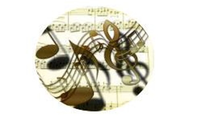 Musikalische Noten und ein Violinschlüssel, verwoben mit abstrakten, schattenhaften Geigenformen auf einem grünen Notenblatthintergrund.