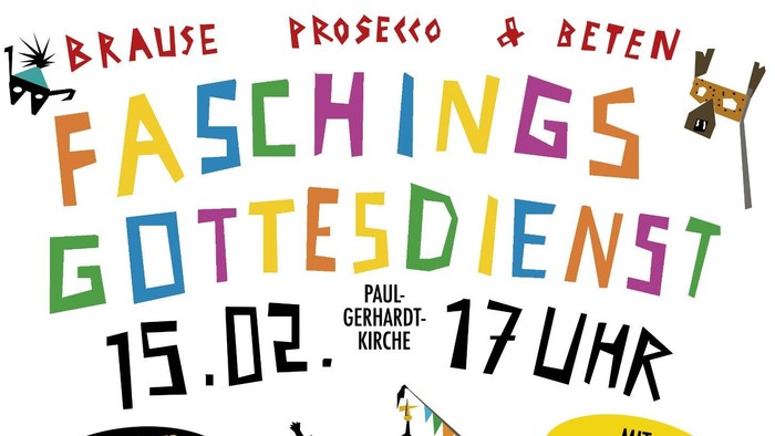 Buntes Plakat, das einen festlichen Gottesdienst mit Getränken, Gesang und einer Predigt am 15. Februar um 17 Uhr bewirbt.