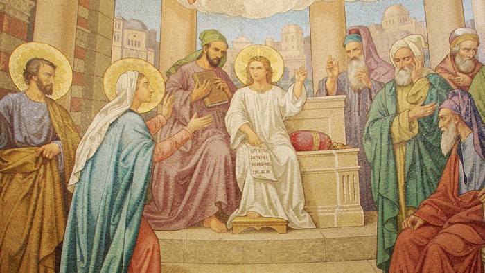 En bibelsk scene viser Jesus, der underviser og interagerer med disciple og ældste i det gamle Jerusalem.