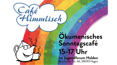 "Café-Veranstaltungsplakat mit Regenbogen und Teetasse, 15–17 Uhr"