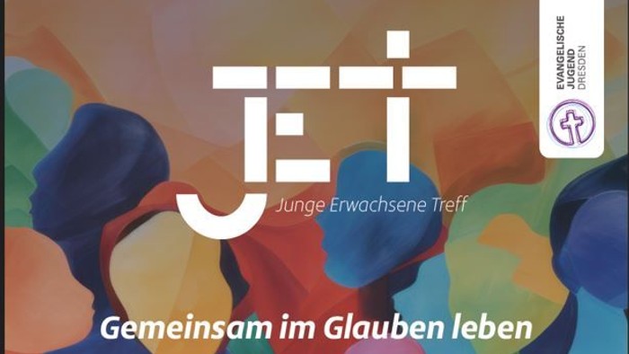 Das Bild zeigt einen farbenfrohen, abstrakten Hintergrund mit überlappenden Formen und deutschem Text, darunter „Junge Erwachsene Treff“ und „Gemeinsam im Glauben leben“.