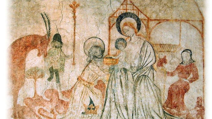 Antiker Fresko, der eine religiöse Szene mit Figuren und Tieren darstellt