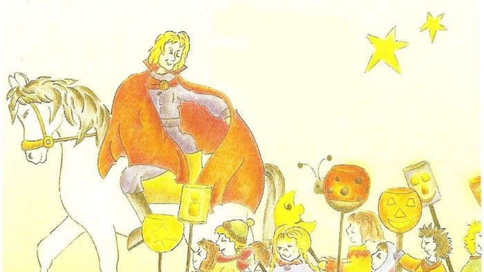 Das Bild zeigt St. Martin auf einem Pferd, umgeben von Kindern mit Laternen.