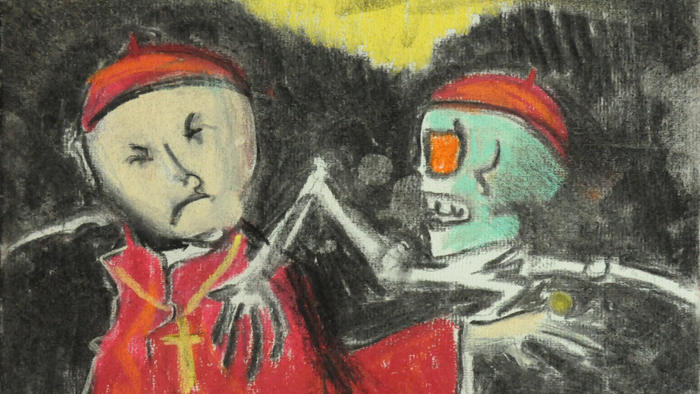 Zwei skizzierte Figuren, eine mit Kreuz, die andere als Skelett, tragen rote Kleidung und rote Kopfbedeckungen