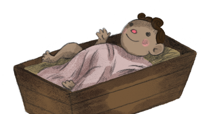 En tegnefilmspige sover fredeligt i en træseng.