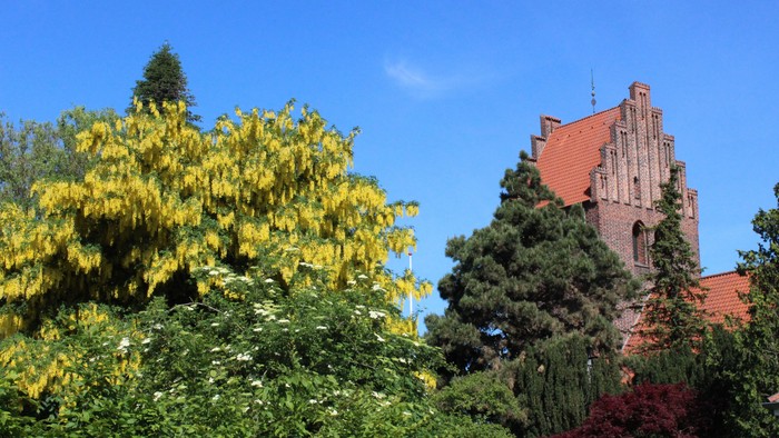 Et rødt teglmurstensslot med tårn og grønne træer foran