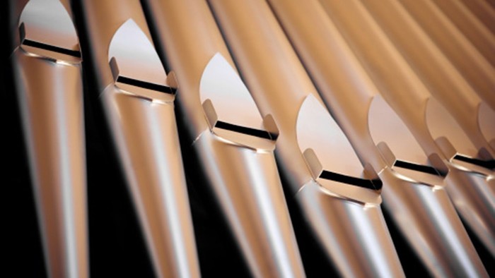 En rekke lysegule blæser i en orgel.