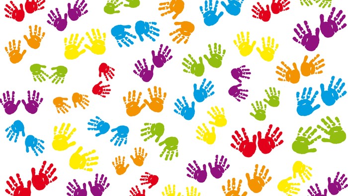 Bunte Handabdrücke in einem Gittermuster