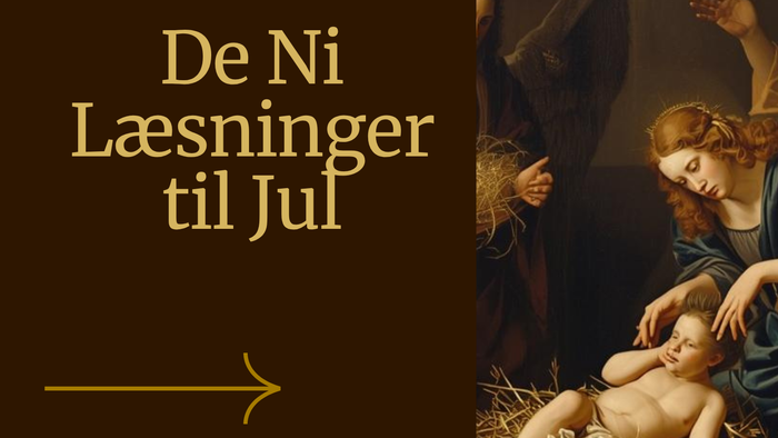 Plakat til julearrangement i Sct. Mikkels Kirke, med en fremstilling af julekrybben og detaljer om arrangementet.