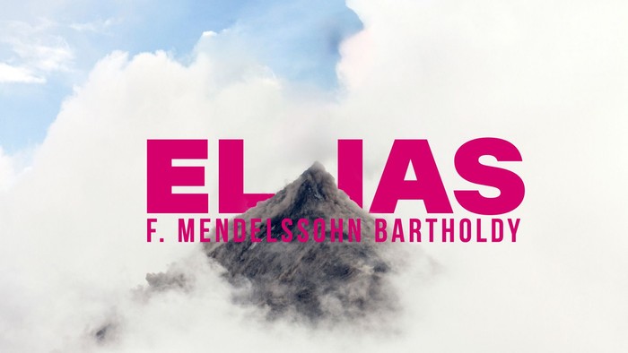 Werbegrafik für „Elias“ von Felix Mendelssohn Bartholdy mit Berg- und Wolkenhintergrund.
