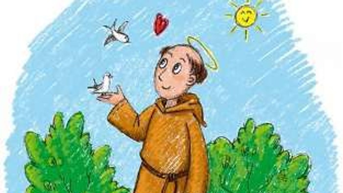 Ein Mönch füttert Vögel in einem grünen Garten, umgeben von Tieren und Blumen.