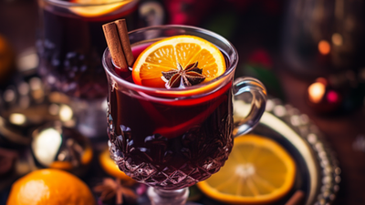 To kopper gløgg med appelsinskiver og kanelstænger