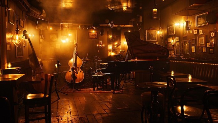 En lyst og varm jazzklub med piano, kontrabas og belysning.