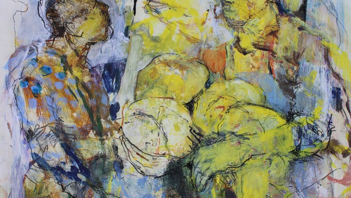 Ein farbenfrohes Gemälde zeigt eine Gruppe von Menschen in gelben und blauen Kleidern.