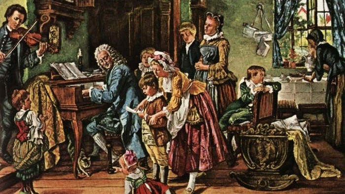 Ein Historiengemälde zeigt eine lebhafte Innenraumszene mit Menschen, die verschiedenen Tätigkeiten nachgehen, darunter das Spielen von Musikinstrumenten und angeregte Gespräche.