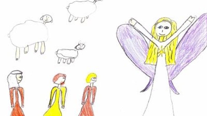 Ein Kind zeichnet einen Engel mit ausgebreiteten Flügeln und drei Kinder mit Schirmen im Regen.