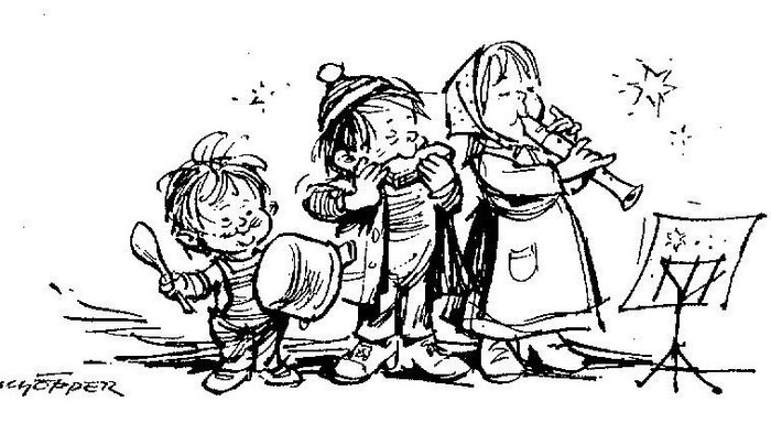 Drei Kinder spielen gemeinsam Musik mit selbstgebastelten Instrumenten.