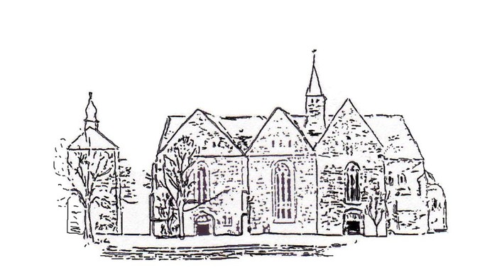 Zeichnung einer Kirche mit mehreren Türmen und umgebenden Bäumen