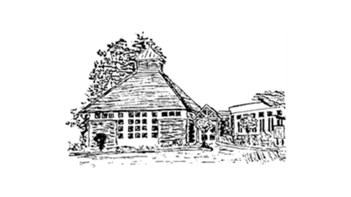 Zeichnung eines Hauses mit spitzem Dach und Bäumen.