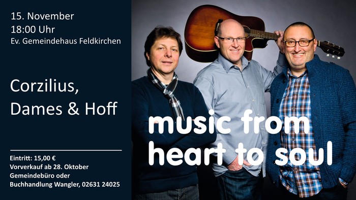 Konzertankündigung für Corzilius, Dames & Hoff am 15. November um 18:00 Uhr in Ev. Gemeindehaus Feldkirchen